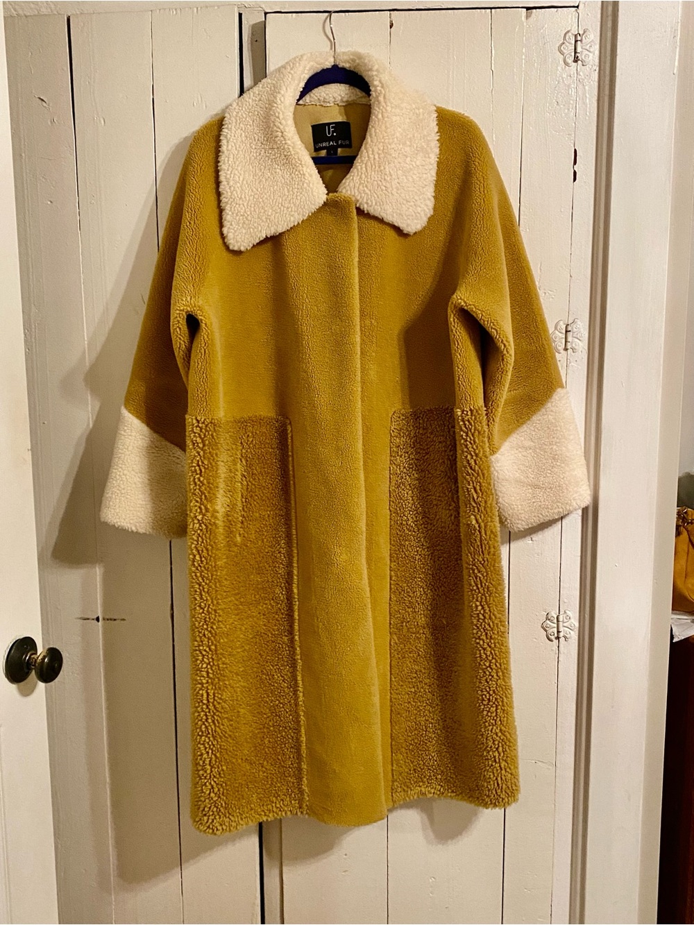 Unreal Fur Mustard Yellow Furever Chic Teddy Coat with Cream Trim Size Large